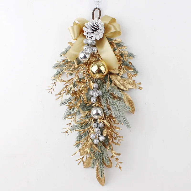 Christmas Decoration 2026 Christmas Wreath For Front Door Artificial Golden Flower Garland Pinecone Rattan Set Hanging Outdoor