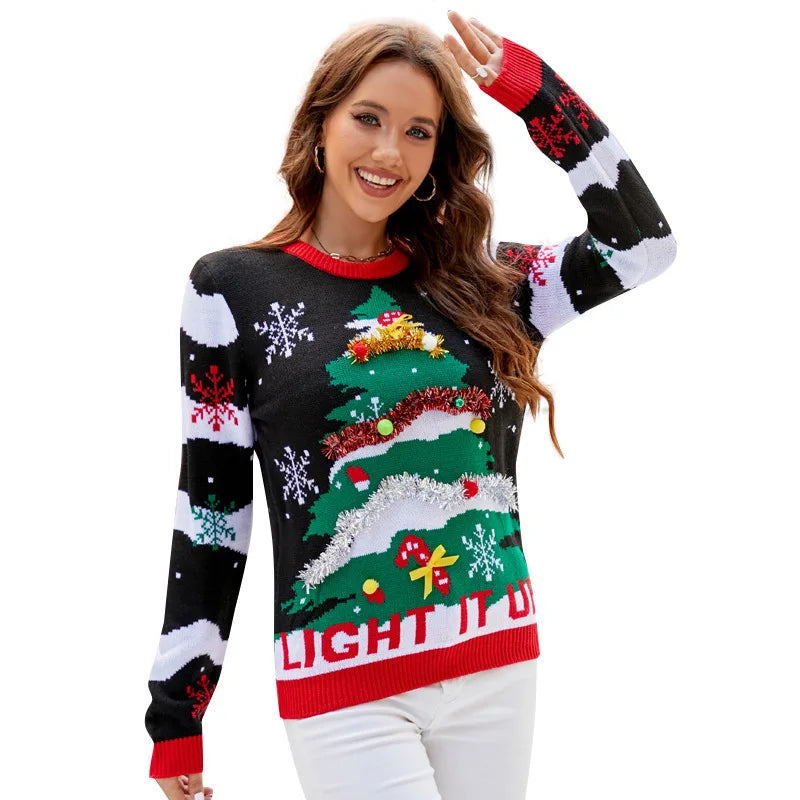 Christmas Sweater Women Men, Xmas Tree Embroidery Knit Sweater, Casual Holiday Party Pullover, Funny Xmas Gift