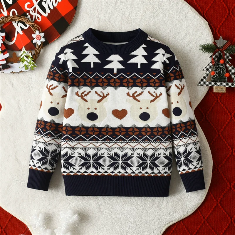 Christmas Kids Sweaters Xmas Boys Girls Cartoon Pullover Children's Autumn Winter Knitted Jumper Toddler Casual Warm Clothing