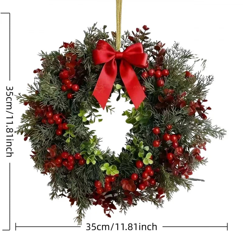 2025 Christmas Wreath - Realistic Red & Green Leaves, Festive Vibe. Premium Plastic, Waterproof Durable, Indoor & Outdoor Use.