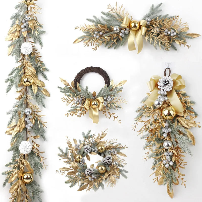 Christmas Decoration 2026 Christmas Wreath For Front Door Artificial Golden Flower Garland Pinecone Rattan Set Hanging Outdoor