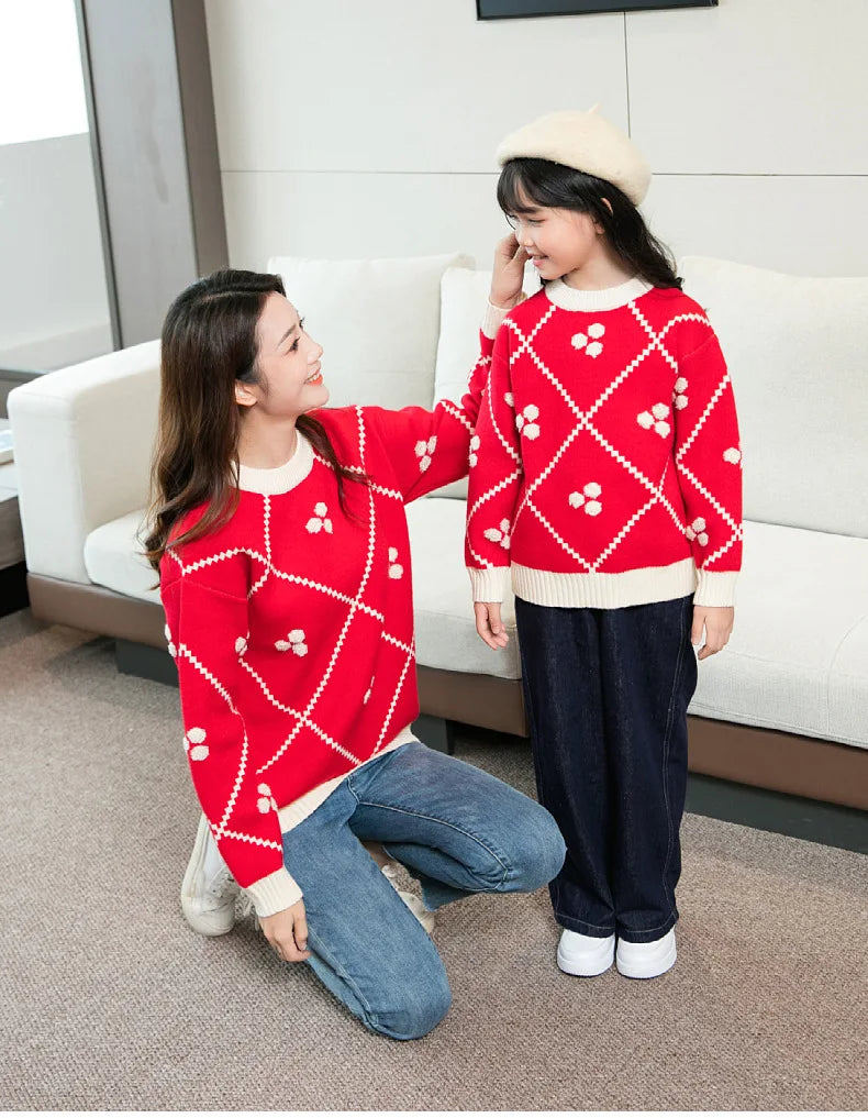 Christmas Sweater for The Whole Family Happy New Year Knit Tops Mum and Daughter Matching Red Jumper Dad and Son Black Knitwear