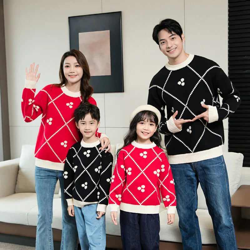 Christmas Sweater for The Whole Family Happy New Year Knit Tops Mum and Daughter Matching Red Jumper Dad and Son Black Knitwear