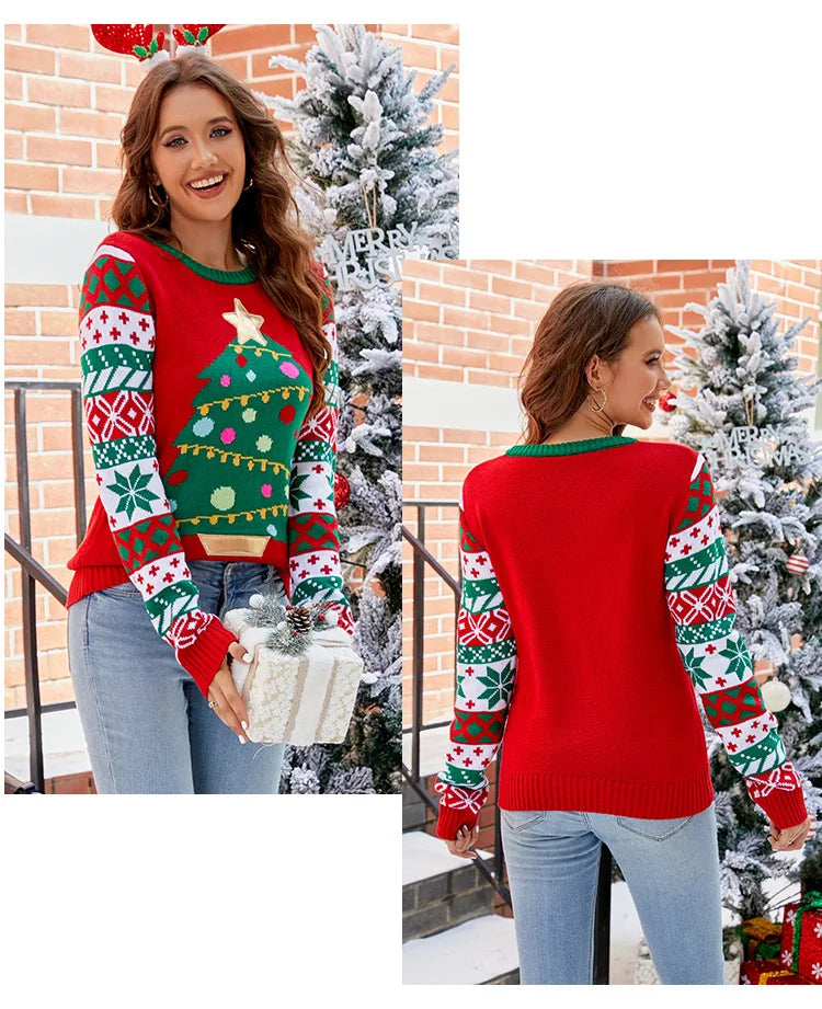 Christmas Sweater Women Men, Xmas Tree Embroidery Knit Sweater, Casual Holiday Party Pullover, Funny Xmas Gift