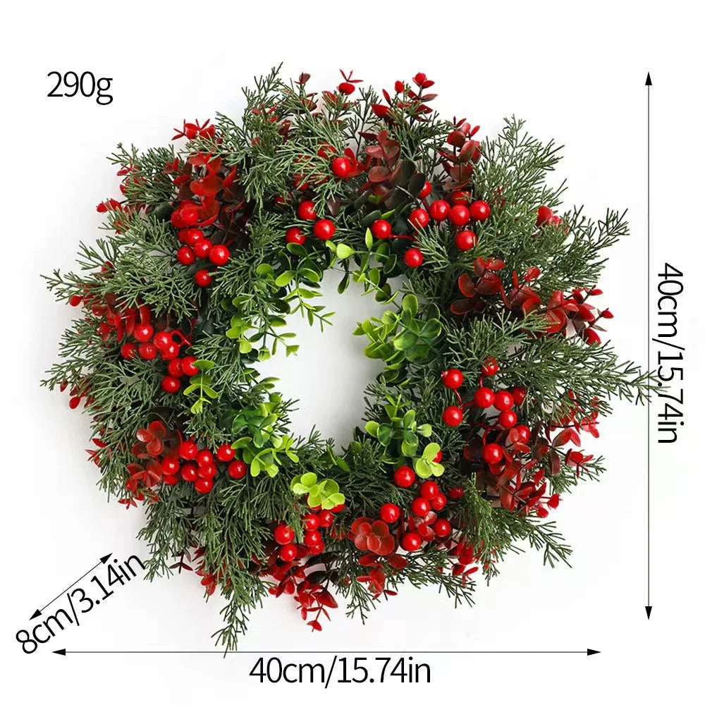 2025 Christmas Wreath - Realistic Red & Green Leaves, Festive Vibe. Premium Plastic, Waterproof Durable, Indoor & Outdoor Use.