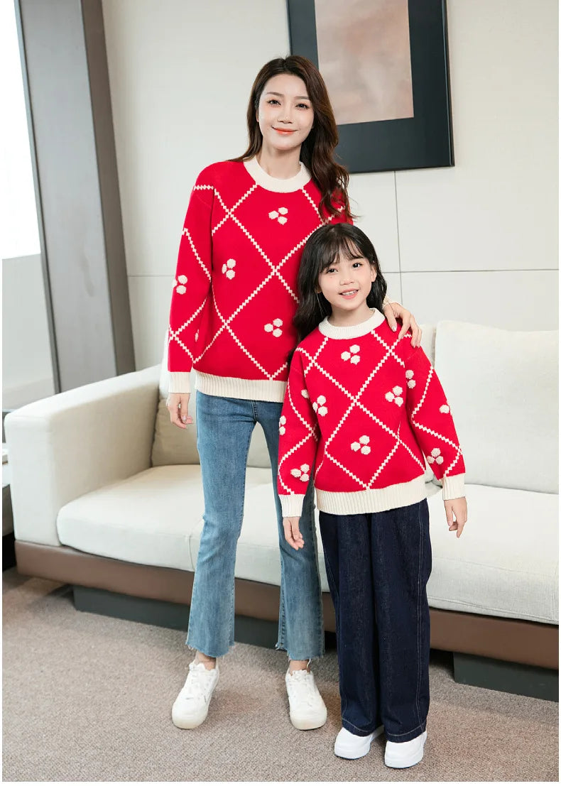 Christmas Sweater for The Whole Family Happy New Year Knit Tops Mum and Daughter Matching Red Jumper Dad and Son Black Knitwear