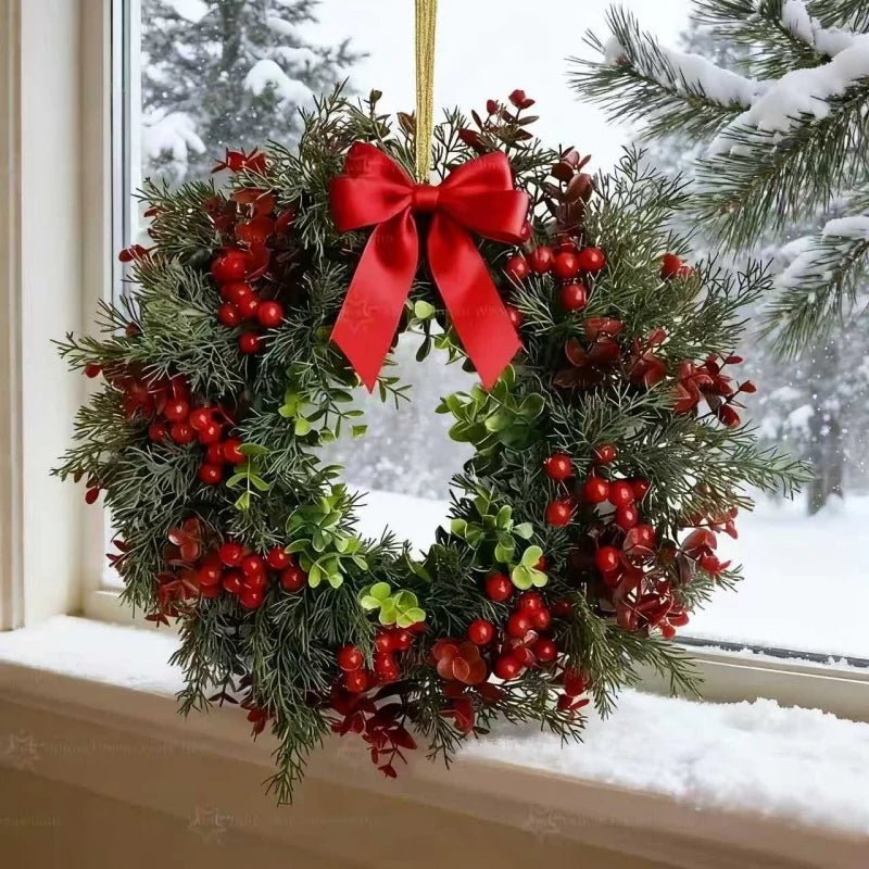 2025 Christmas Wreath - Realistic Red & Green Leaves, Festive Vibe. Premium Plastic, Waterproof Durable, Indoor & Outdoor Use.