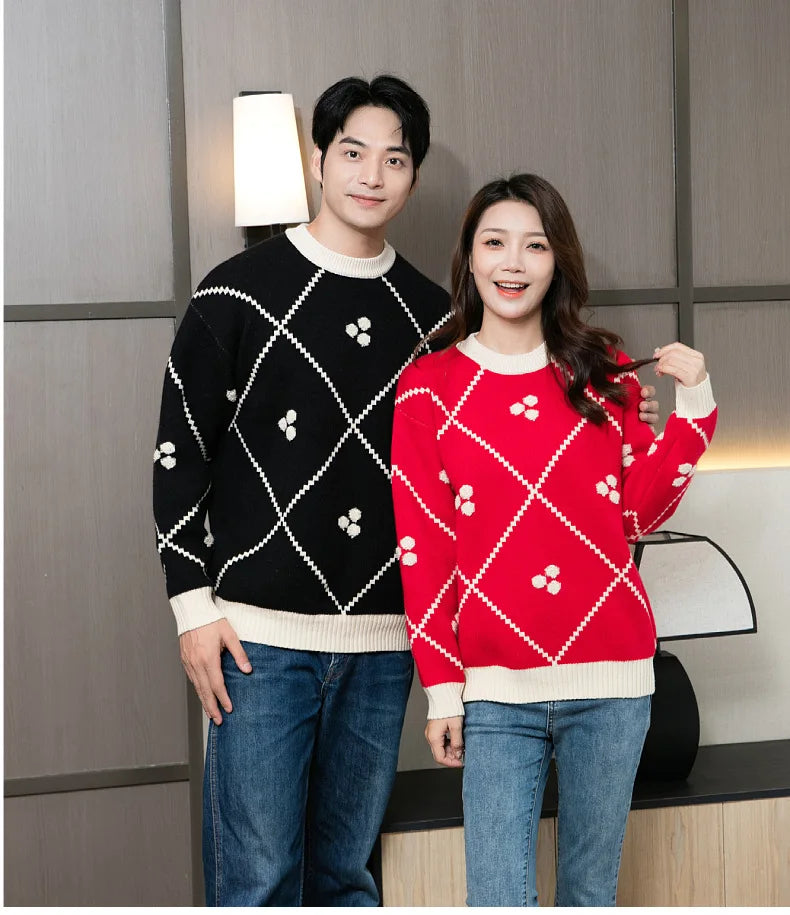 Christmas Sweater for The Whole Family Happy New Year Knit Tops Mum and Daughter Matching Red Jumper Dad and Son Black Knitwear