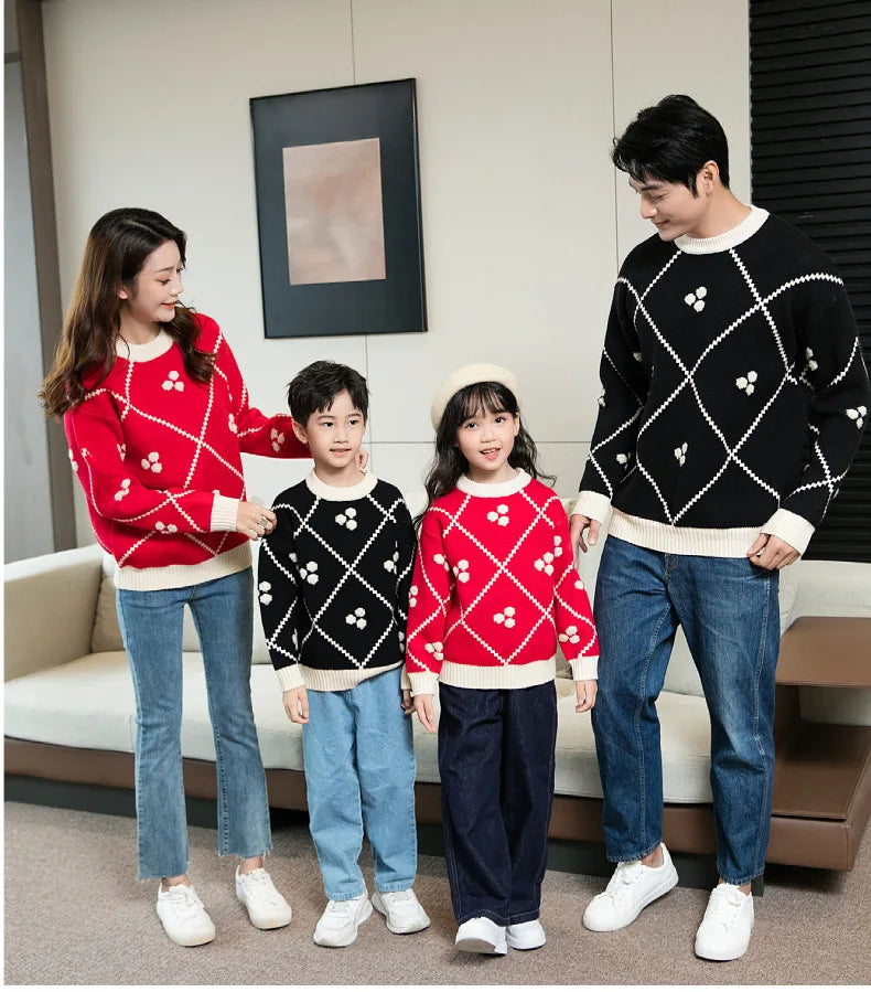 Christmas Sweater for The Whole Family Happy New Year Knit Tops Mum and Daughter Matching Red Jumper Dad and Son Black Knitwear