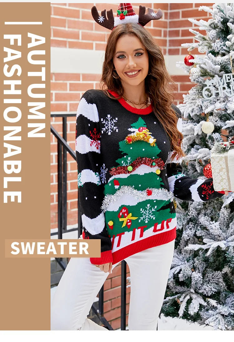 Christmas Sweater Women Men, Xmas Tree Embroidery Knit Sweater, Casual Holiday Party Pullover, Funny Xmas Gift