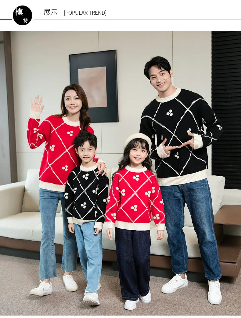 Christmas Sweater for The Whole Family Happy New Year Knit Tops Mum and Daughter Matching Red Jumper Dad and Son Black Knitwear