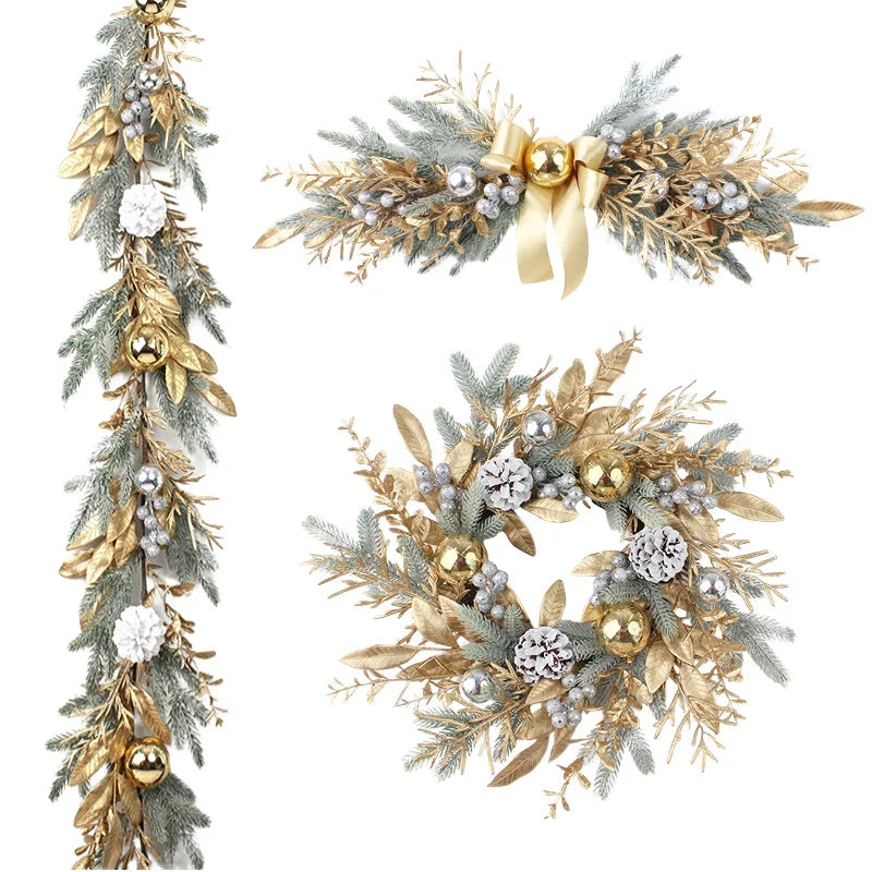 Christmas Decoration 2026 Christmas Wreath For Front Door Artificial Golden Flower Garland Pinecone Rattan Set Hanging Outdoor