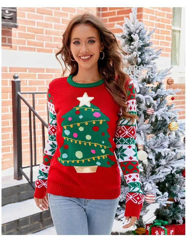 Christmas Sweater Women Men, Xmas Tree Embroidery Knit Sweater, Casual Holiday Party Pullover, Funny Xmas Gift