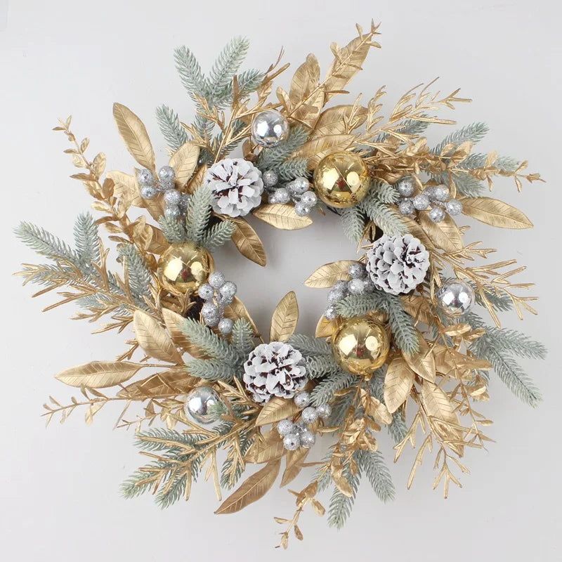 Christmas Decoration 2026 Christmas Wreath For Front Door Artificial Golden Flower Garland Pinecone Rattan Set Hanging Outdoor