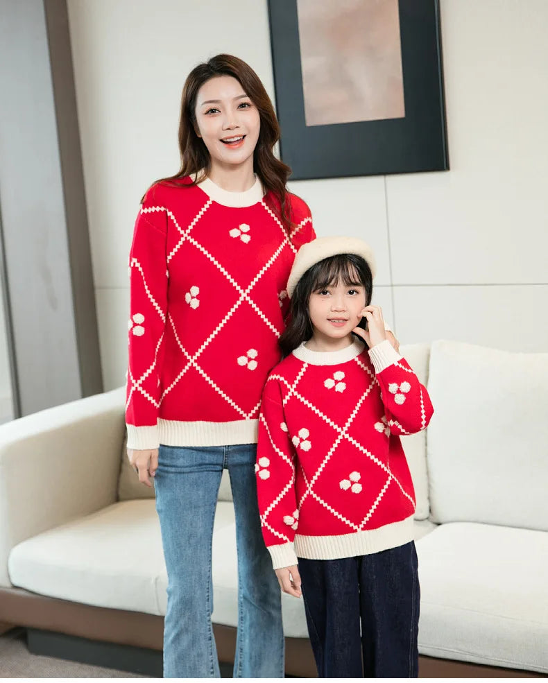 Christmas Sweater for The Whole Family Happy New Year Knit Tops Mum and Daughter Matching Red Jumper Dad and Son Black Knitwear