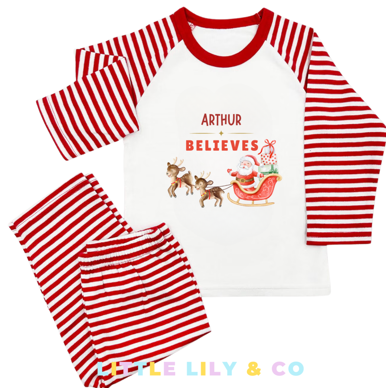 Personalised I believe Christmas Children's Pyjamas Red Striped Pyjamas - MATCHING FAMILY PYJAMAS