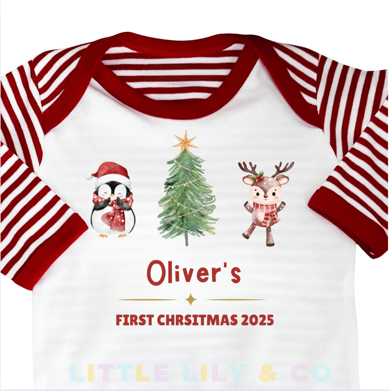 Personalised Baby's First Christmas Sleepsuit Red Striped