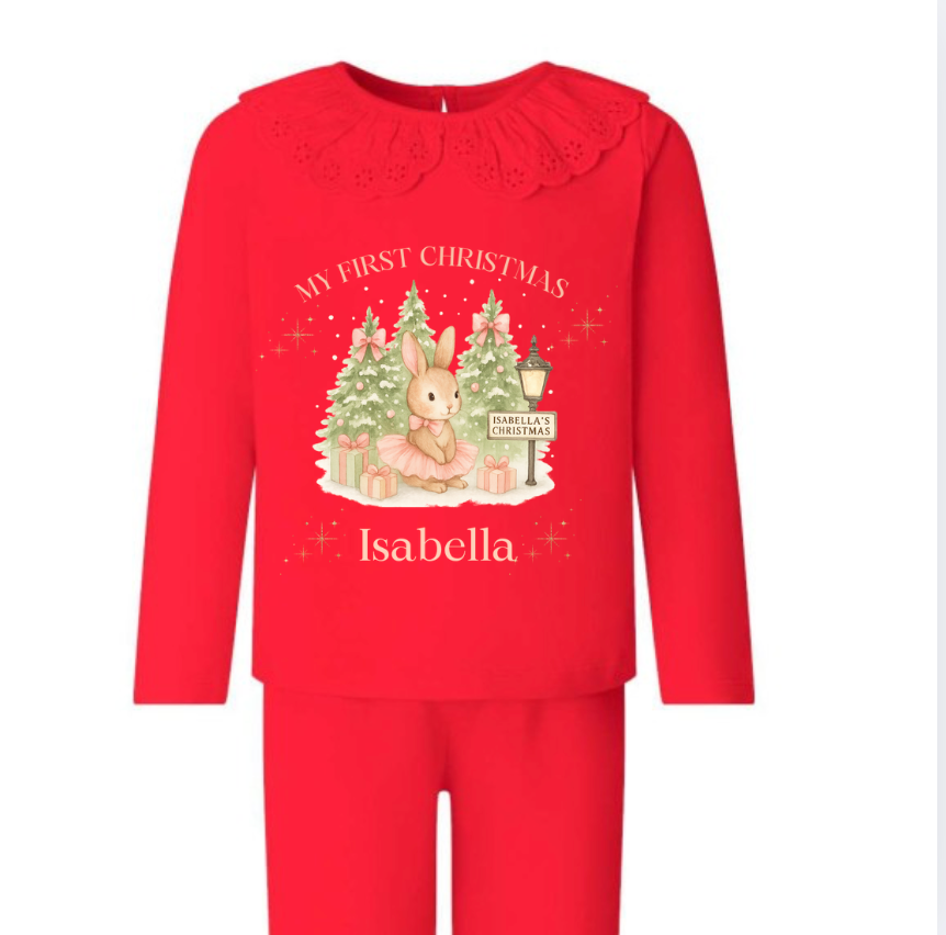 Personalised FIRST CHRISTMAS Children's Girls Pyjamas White Frilly - Bespoke Create Your Own Designs
