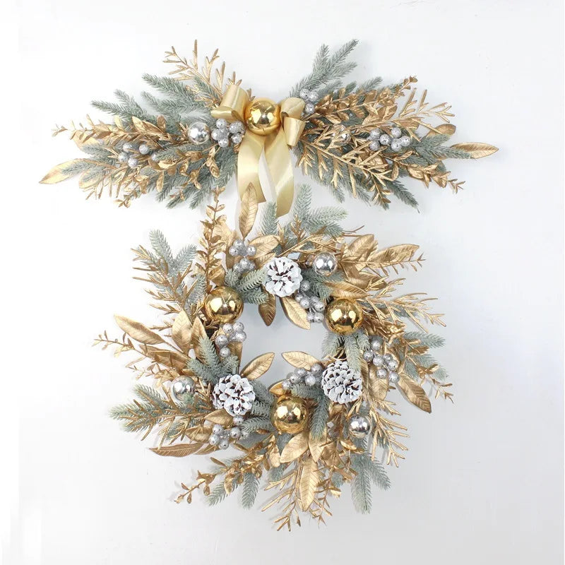 Christmas Decoration 2026 Christmas Wreath For Front Door Artificial Golden Flower Garland Pinecone Rattan Set Hanging Outdoor