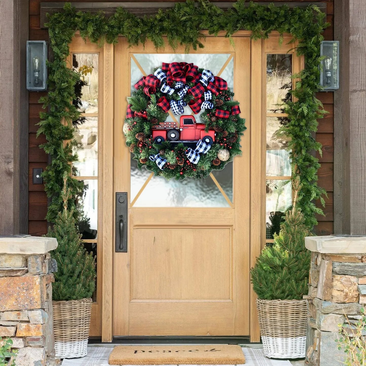 Christmas Wreath Door Decoration with Snowflake Merry Christmas Flower Simulation Door Hanging Decoration Home Party Supply