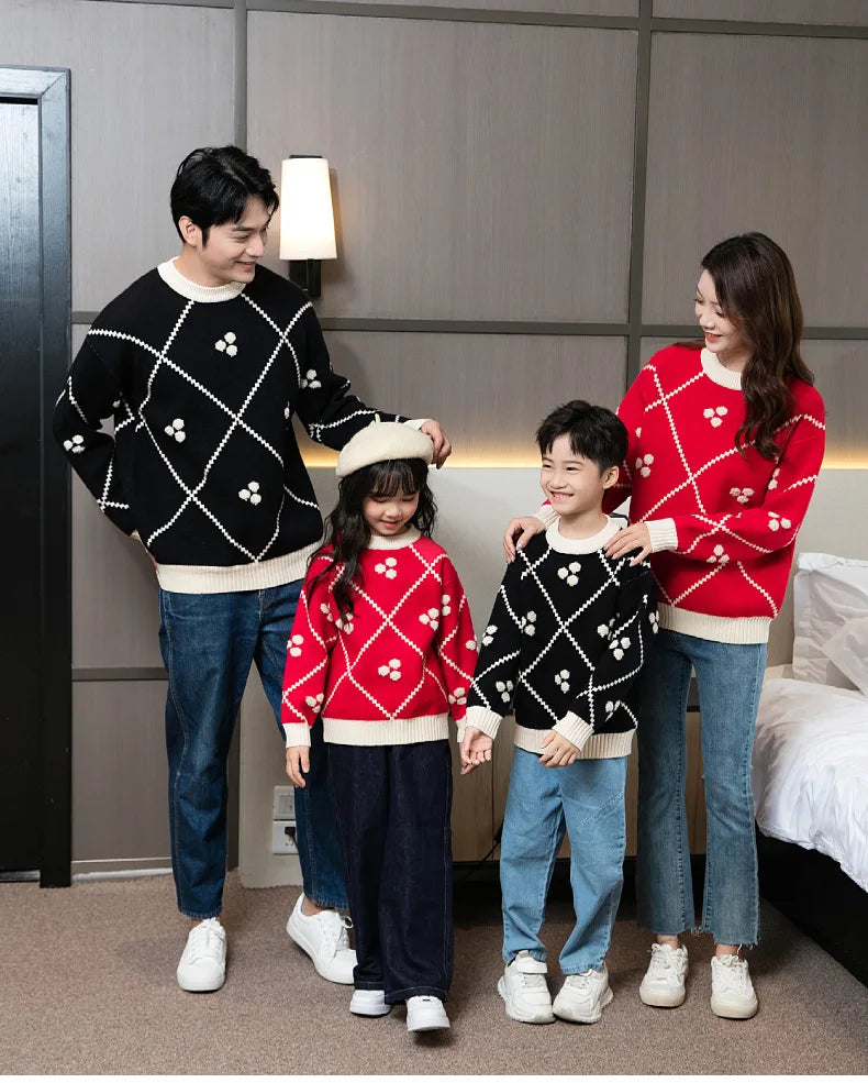 Christmas Sweater for The Whole Family Happy New Year Knit Tops Mum and Daughter Matching Red Jumper Dad and Son Black Knitwear