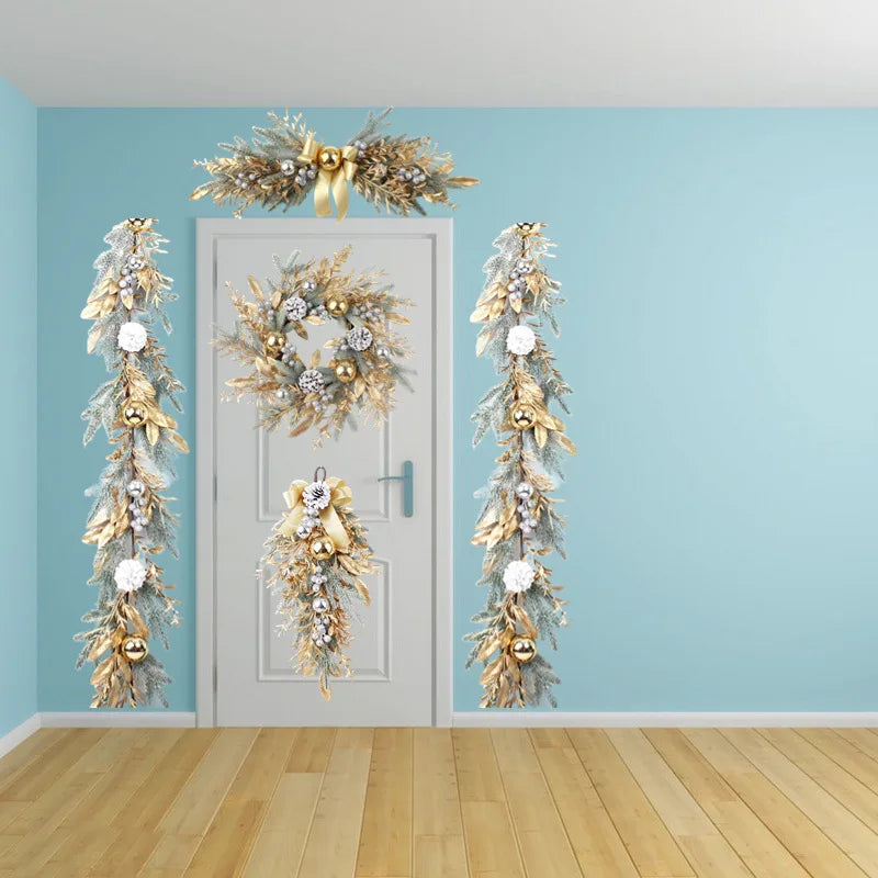 Christmas Decoration 2026 Christmas Wreath For Front Door Artificial Golden Flower Garland Pinecone Rattan Set Hanging Outdoor