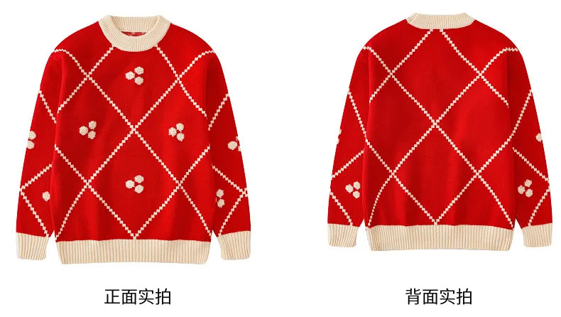 Christmas Sweater for The Whole Family Happy New Year Knit Tops Mum and Daughter Matching Red Jumper Dad and Son Black Knitwear