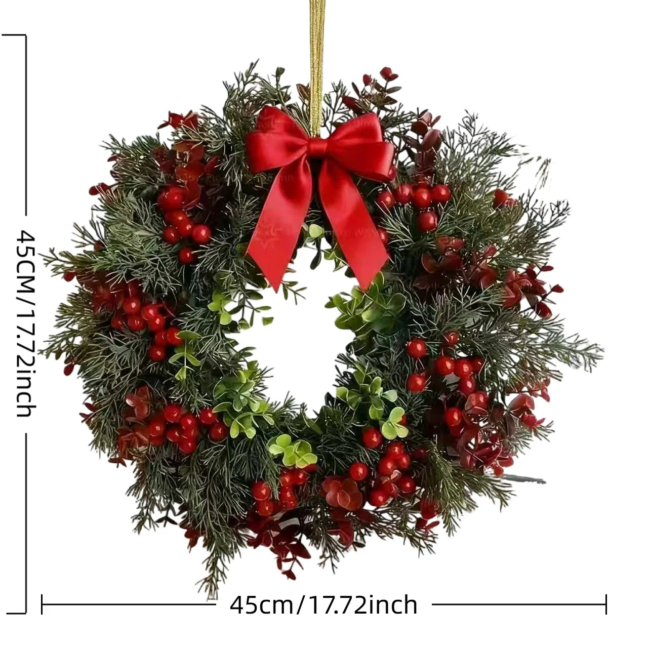 2025 Christmas Wreath - Realistic Red & Green Leaves, Festive Vibe. Premium Plastic, Waterproof Durable, Indoor & Outdoor Use.
