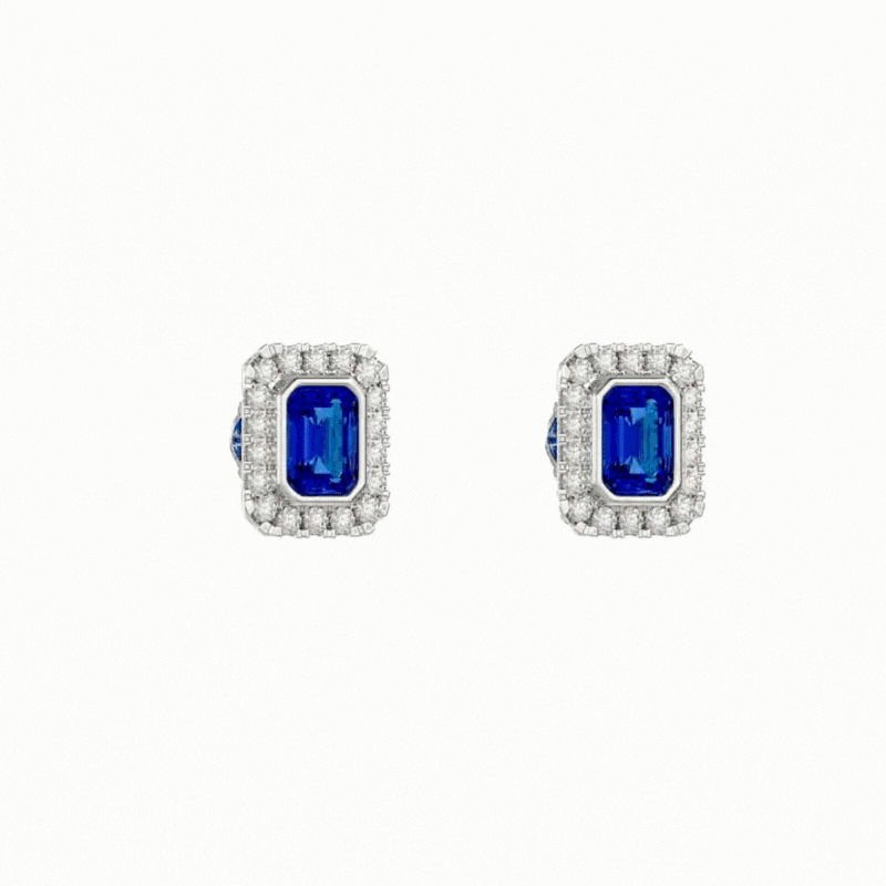 Sapphire Rectangle Halo Stud Earrings