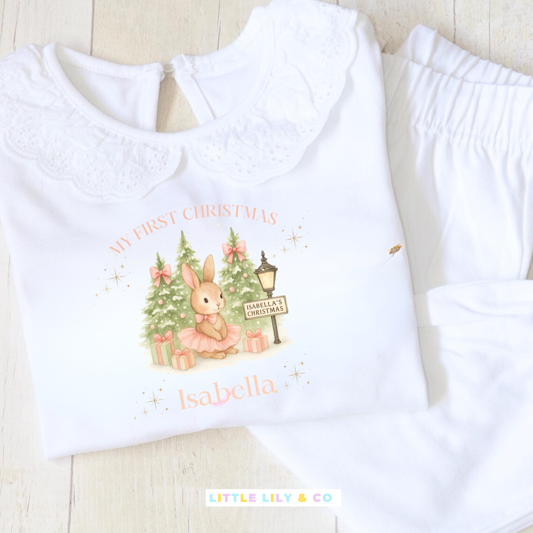 Personalised FIRST CHRISTMAS Children's Girls Pyjamas White Frilly - Bespoke Create Your Own Designs