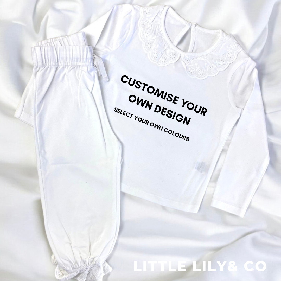 Personalised FIRST CHRISTMAS Children's Girls Pyjamas White Frilly - Bespoke Create Your Own Designs