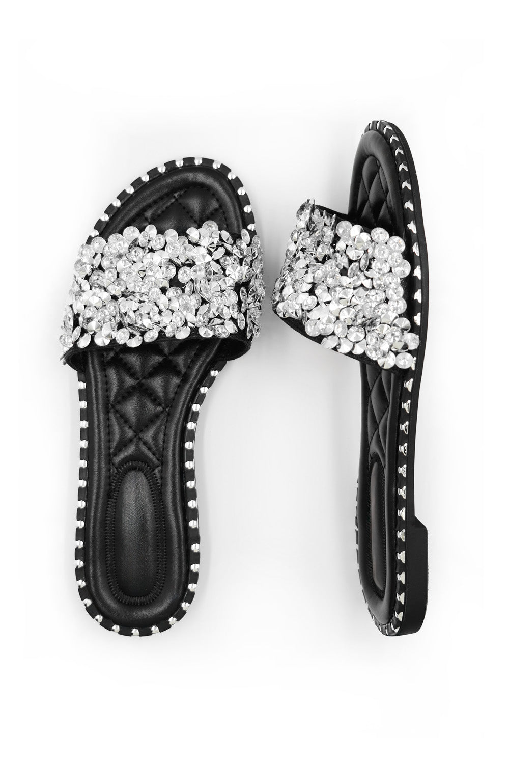 BELLE DIAMANTE SPARKLY FLAT SLIDERS IN BLACK - Popular trends empire