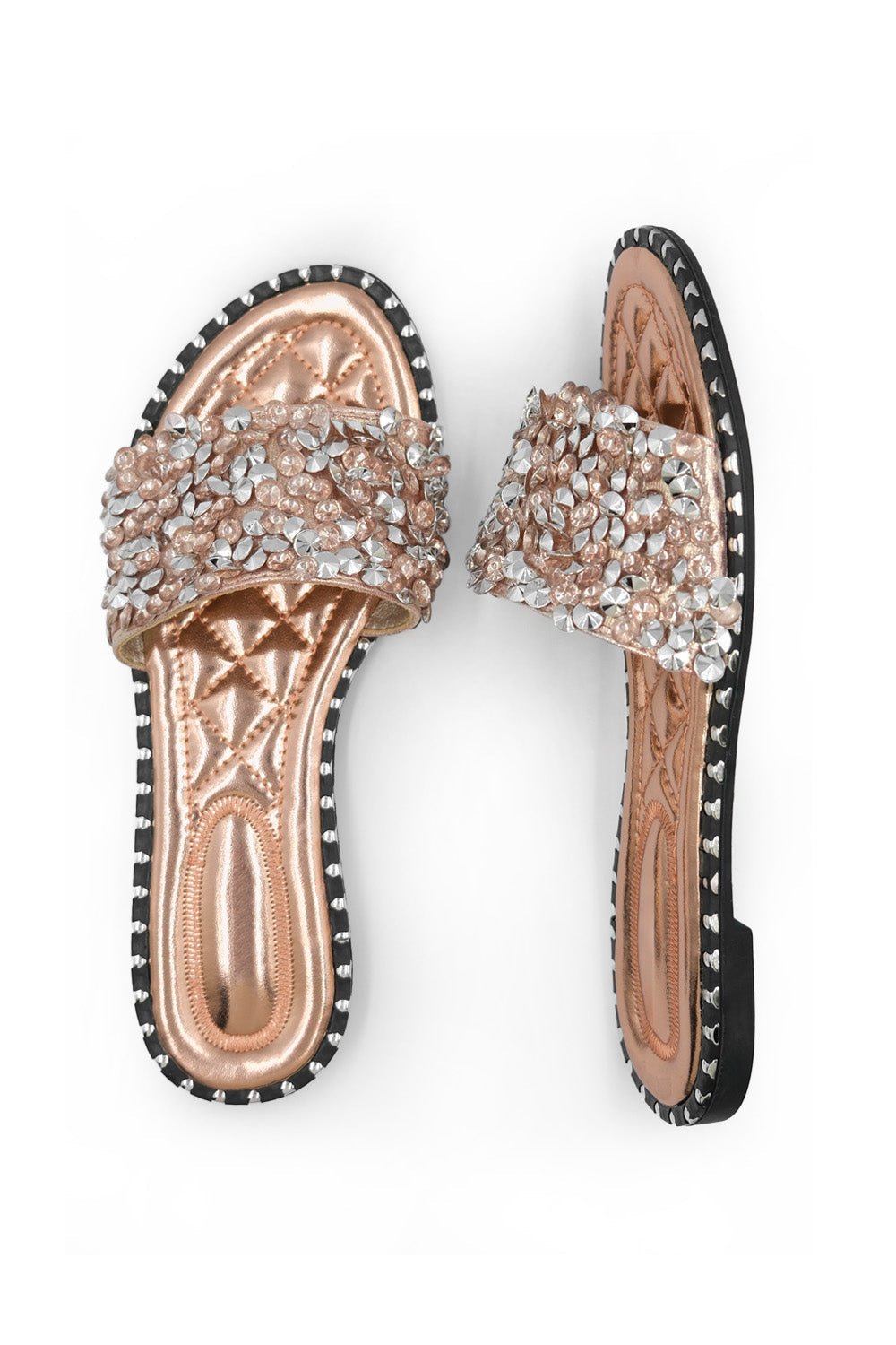 BELLE DIAMANTE SPARKLY FLAT SLIDERS IN ROSE GOLD - Popular trends empire