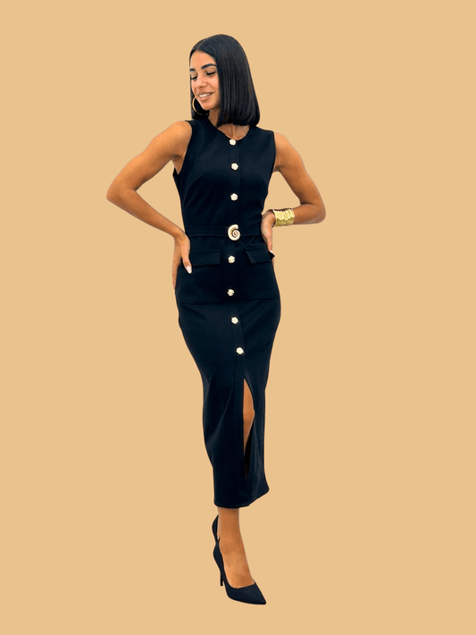 Black Bodycon Belted Midi Pencil Dress With Gold Buttons - Popular trends empire