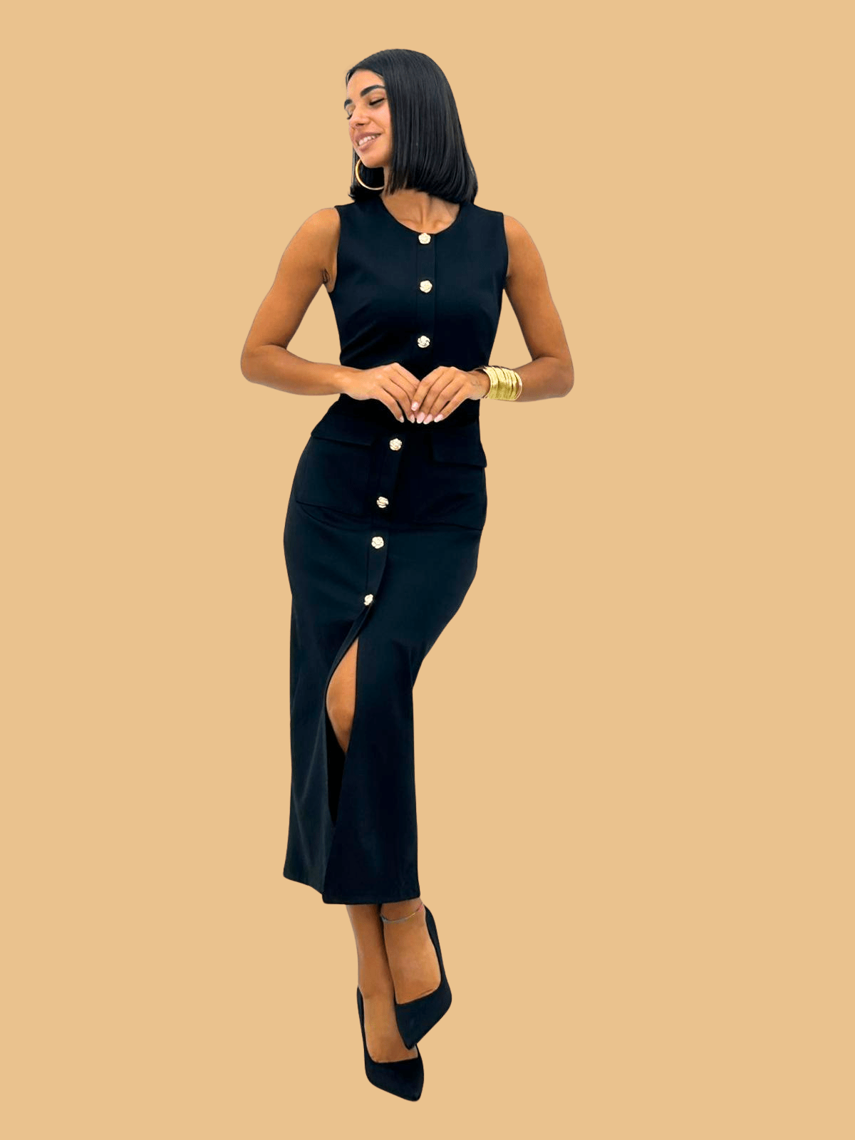 Black Bodycon Belted Midi Pencil Dress With Gold Buttons - Popular trends empire