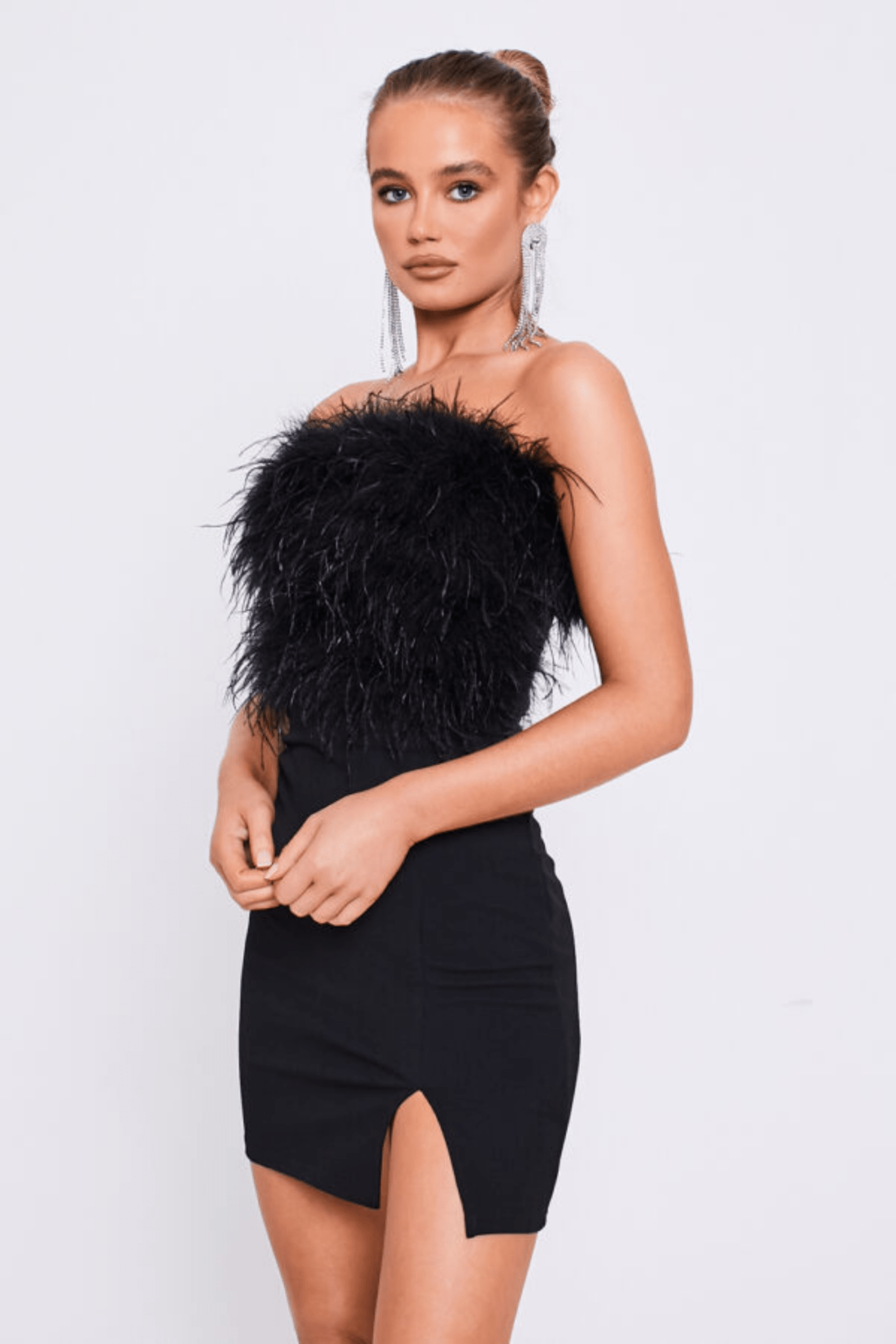 Black Feather Strapless Bodycon Slit Dress - Popular trends empire