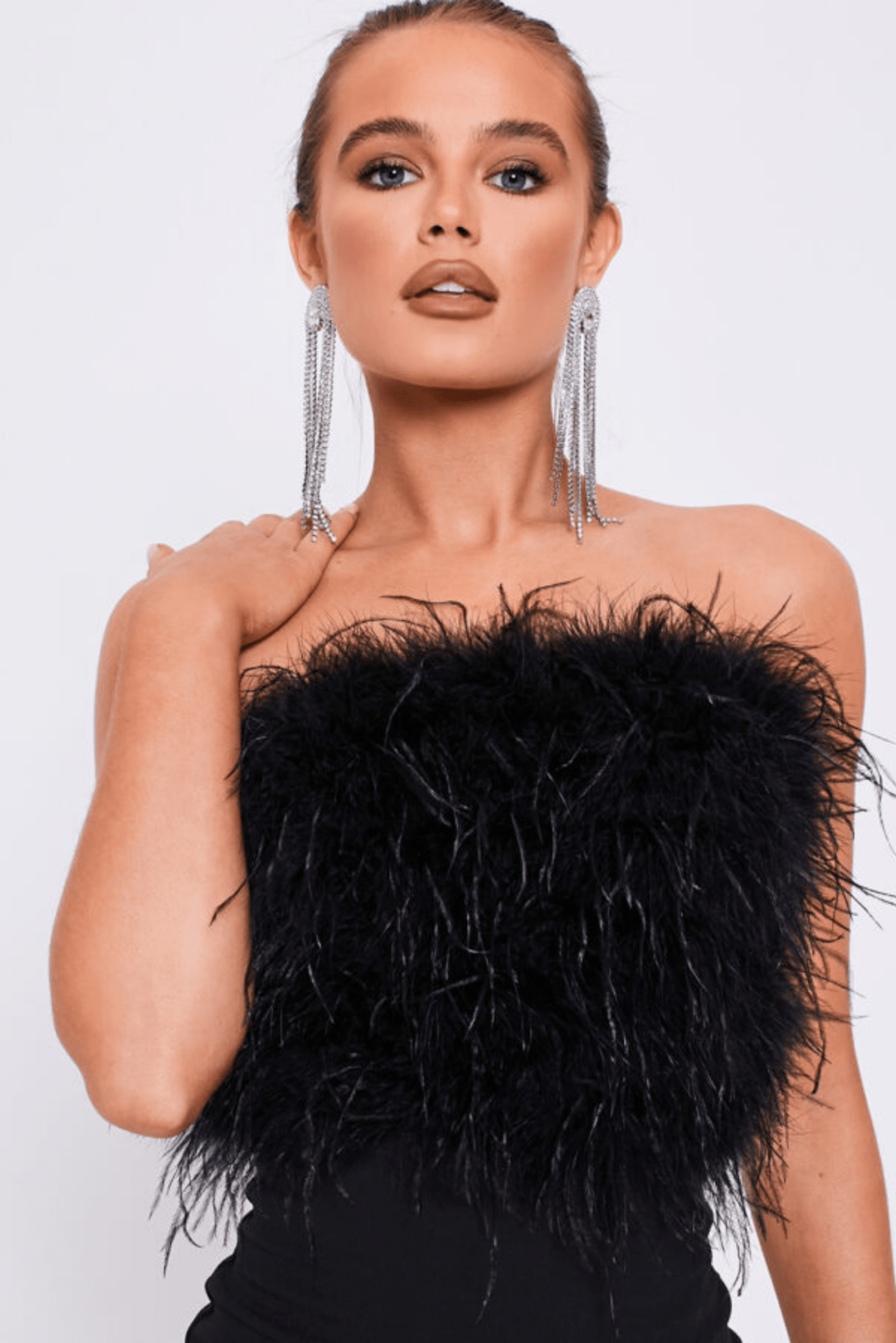 Black Feather Strapless Bodycon Slit Dress - Popular trends empire