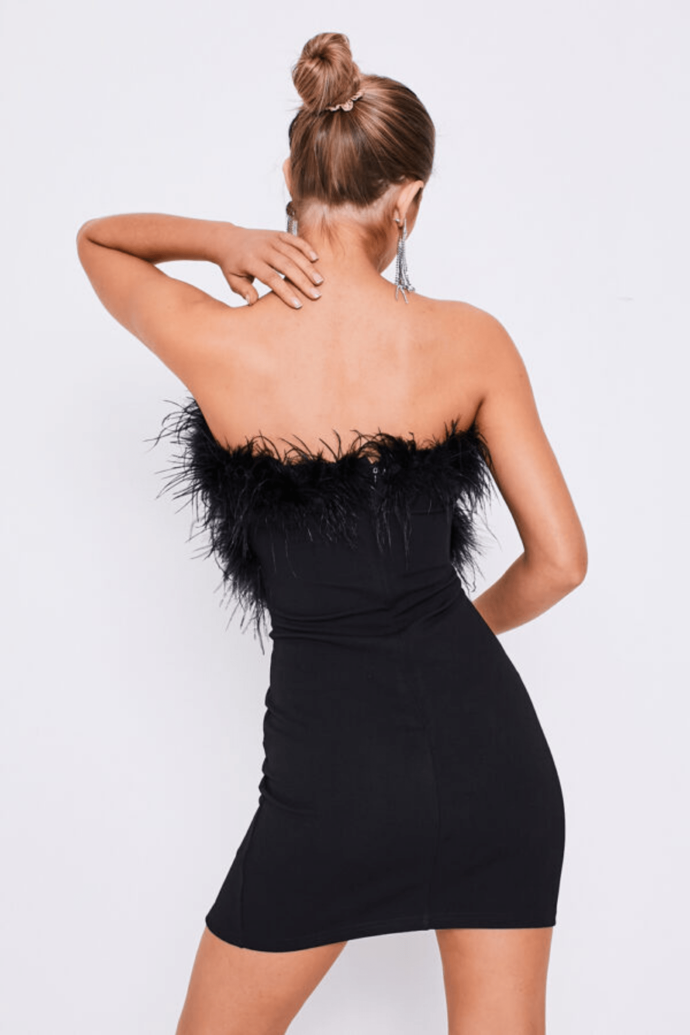 Black Feather Strapless Bodycon Slit Dress - Popular trends empire
