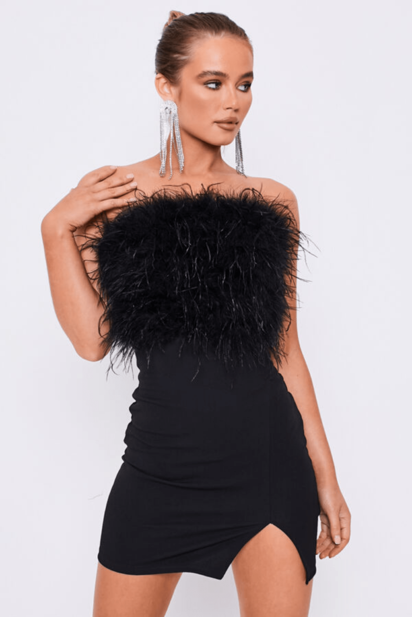 Black Feather Strapless Bodycon Slit Dress - Popular trends empire