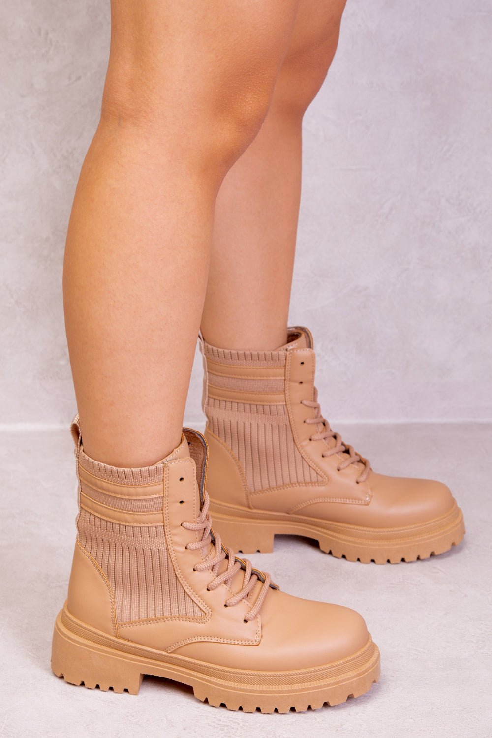 BONNIE CHUNKY ANKLE BOOT WITH KNITTED LEG FIT AND LACE UP IN CAMEL - Popular trends empire