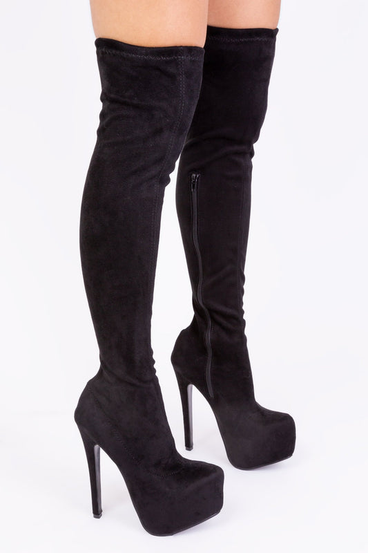 BRINLEY HIGH HEEL OVER THE KNEE BOOTS IN BLACK SUEDE - Popular trends empire