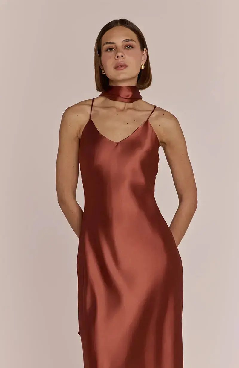 Brooklyn Dress in Terracotta Satin - Popular trends empire