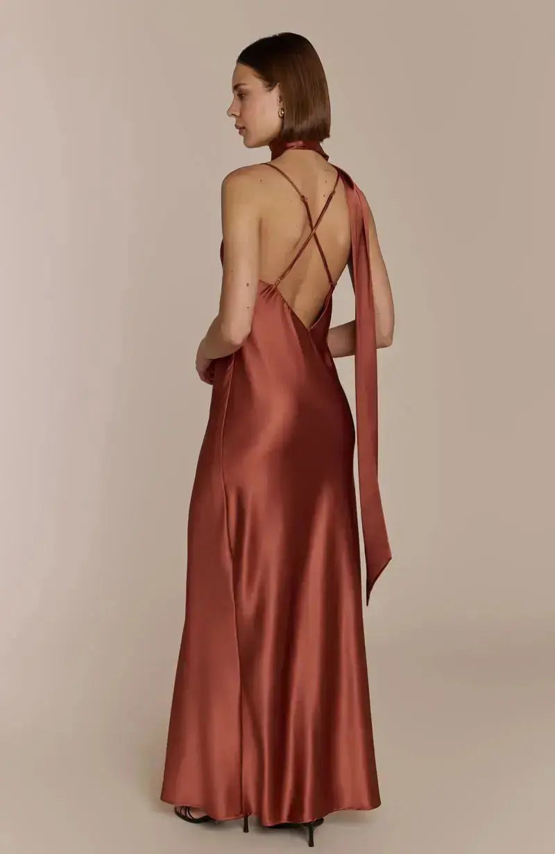 Brooklyn Dress in Terracotta Satin - Popular trends empire
