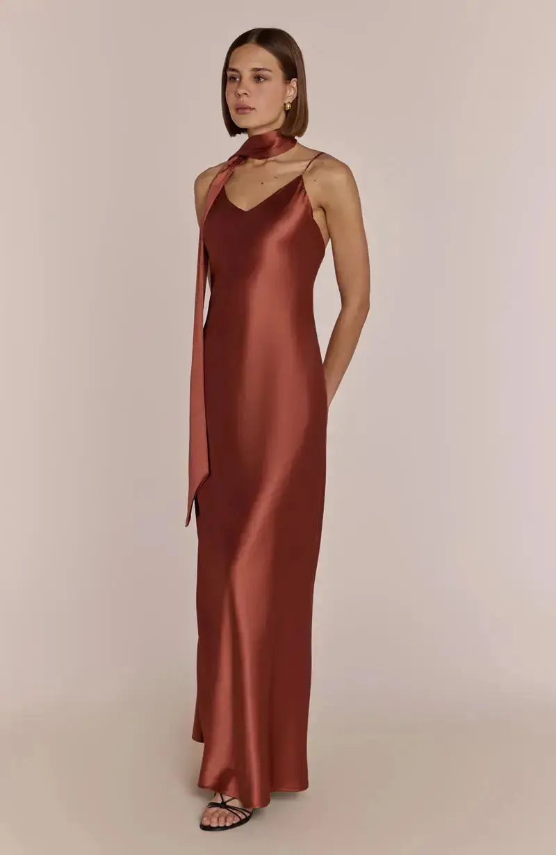 Brooklyn Dress in Terracotta Satin - Popular trends empire