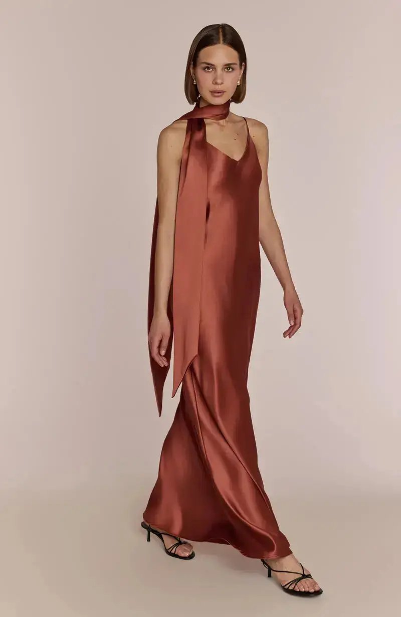 Brooklyn Dress in Terracotta Satin - Popular trends empire