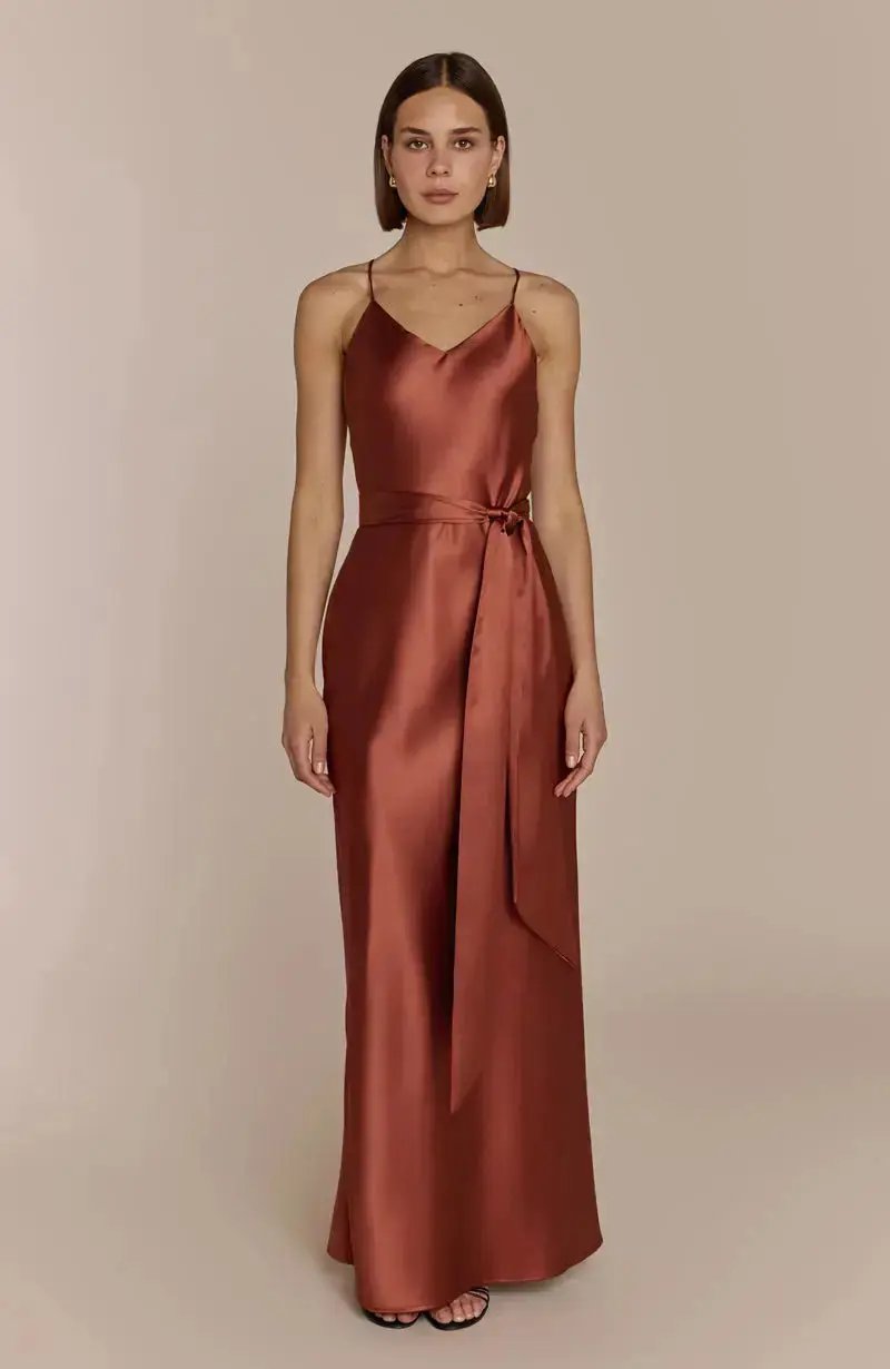 Brooklyn Dress in Terracotta Satin - Popular trends empire