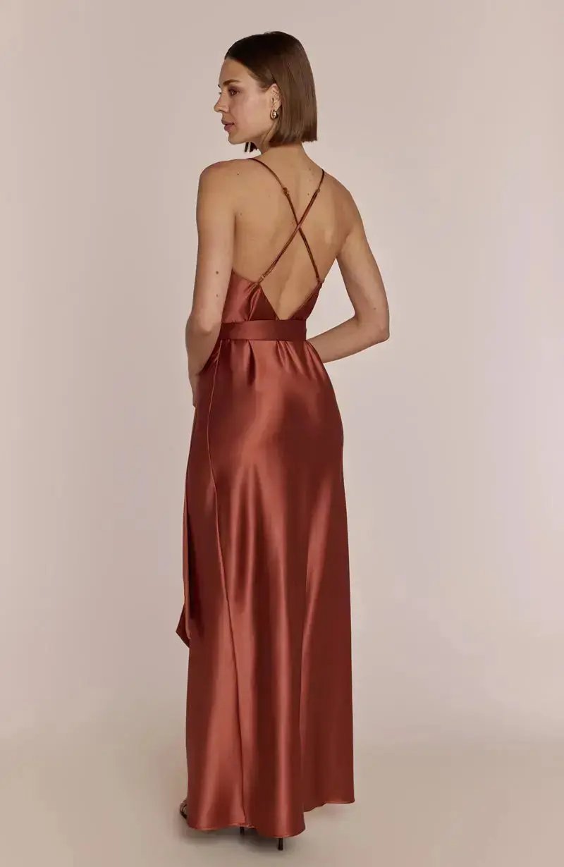 Brooklyn Dress in Terracotta Satin - Popular trends empire