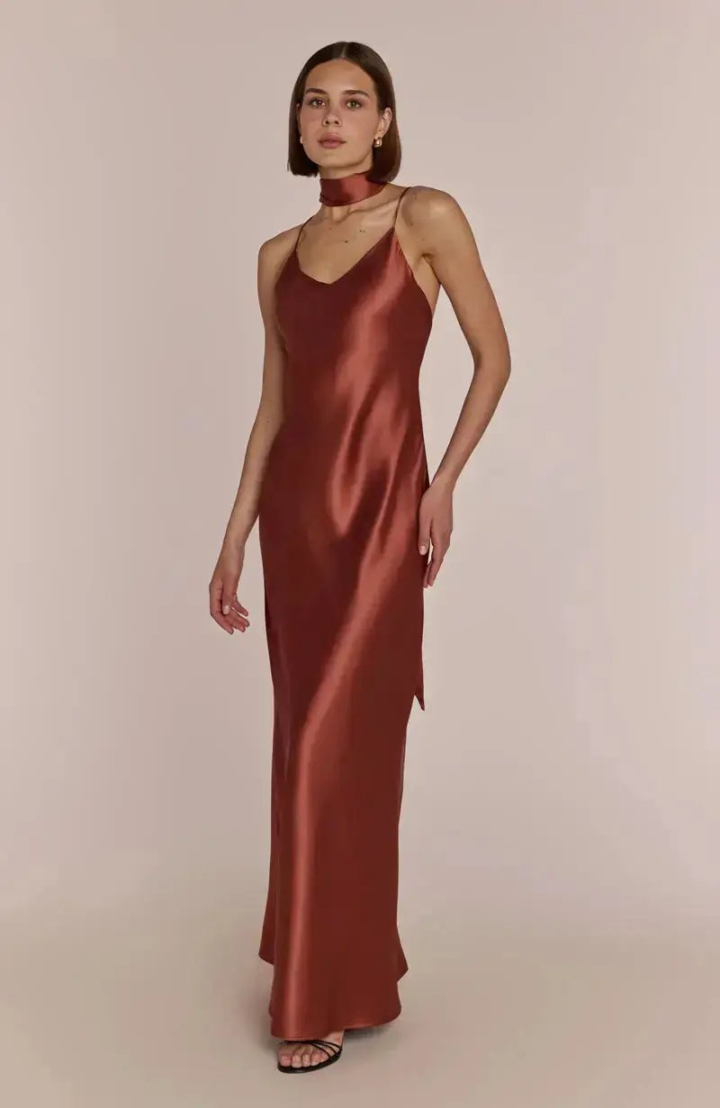 Brooklyn Dress in Terracotta Satin - Popular trends empire
