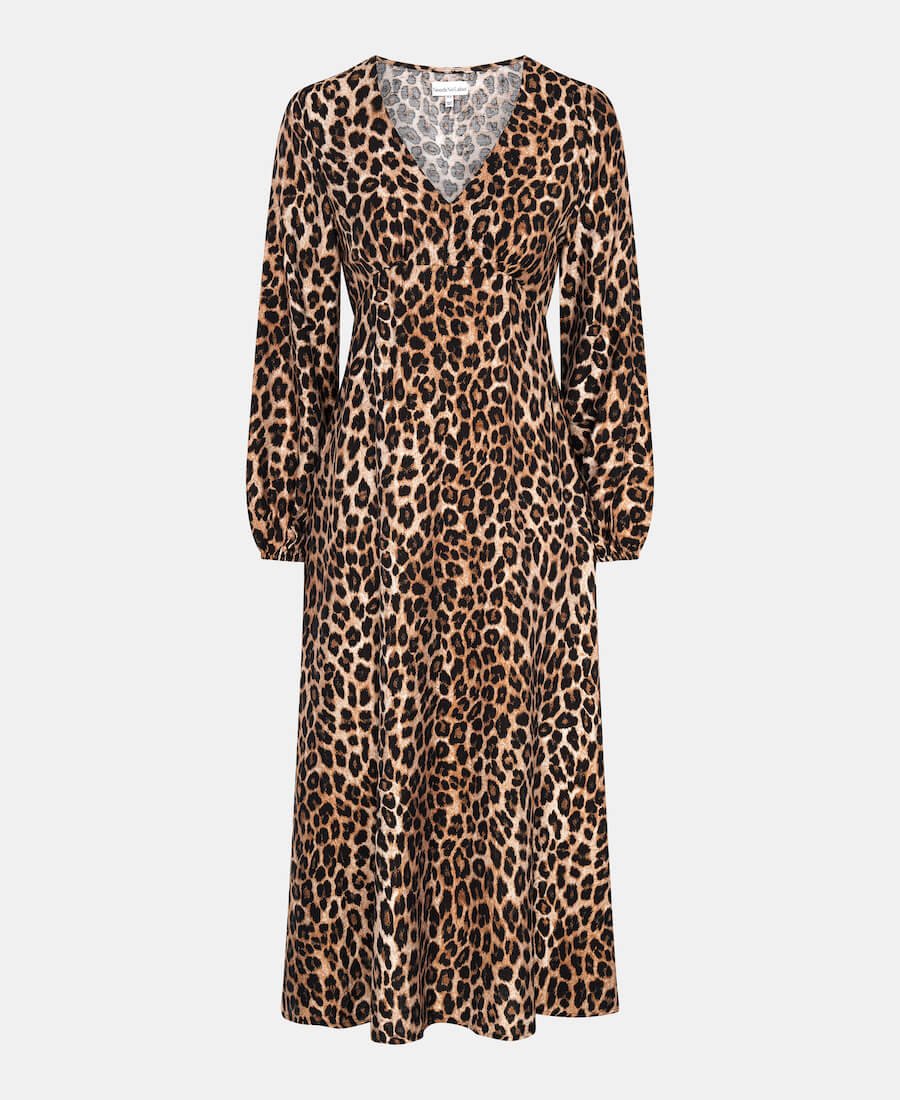 Brown Animal Printed Long Sleeve Midi Dress - Popular trends empire
