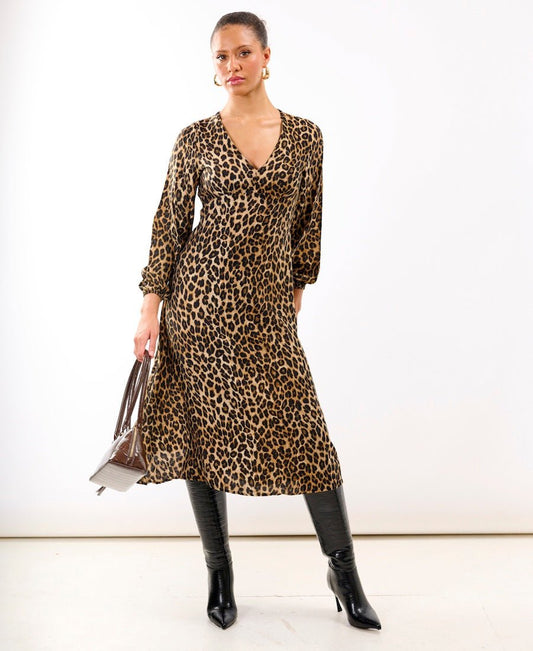 Brown Animal Printed Long Sleeve Midi Dress - Popular trends empire